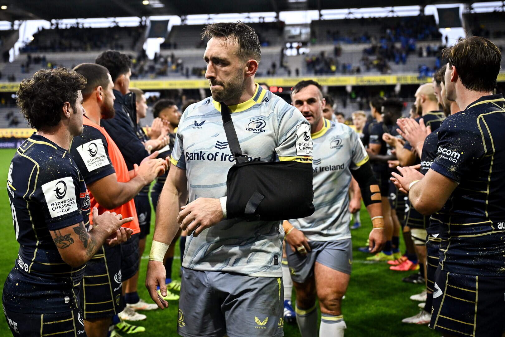 Jack Conan is pictured in a sling after Leinster’s Champions Cup win at Clermont on Saturday