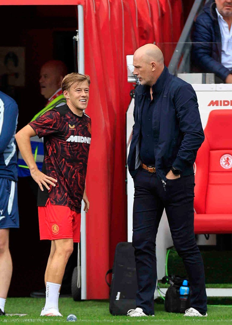 Norwich City Manager Philippe Clement speaks with Middlesbrough player Connor Barron at the Riverside Stadium.