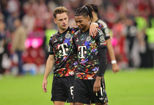 MUNICH, GERMANY - SEPTEMBER 18: (LR) Joshua Kimmich of FC Bayern M??nchen Michael Olise of FC Bayern M??nchen celebrates the victory after the Bundesliga 2026/27 match between FC Bayern M??nchen and 1. FC Union Berlin at Allianz Arena on September 18, 2026 in Munich, Germany. (Photo by Marcel Engelbrecht - firo sportphoto/Getty Images)