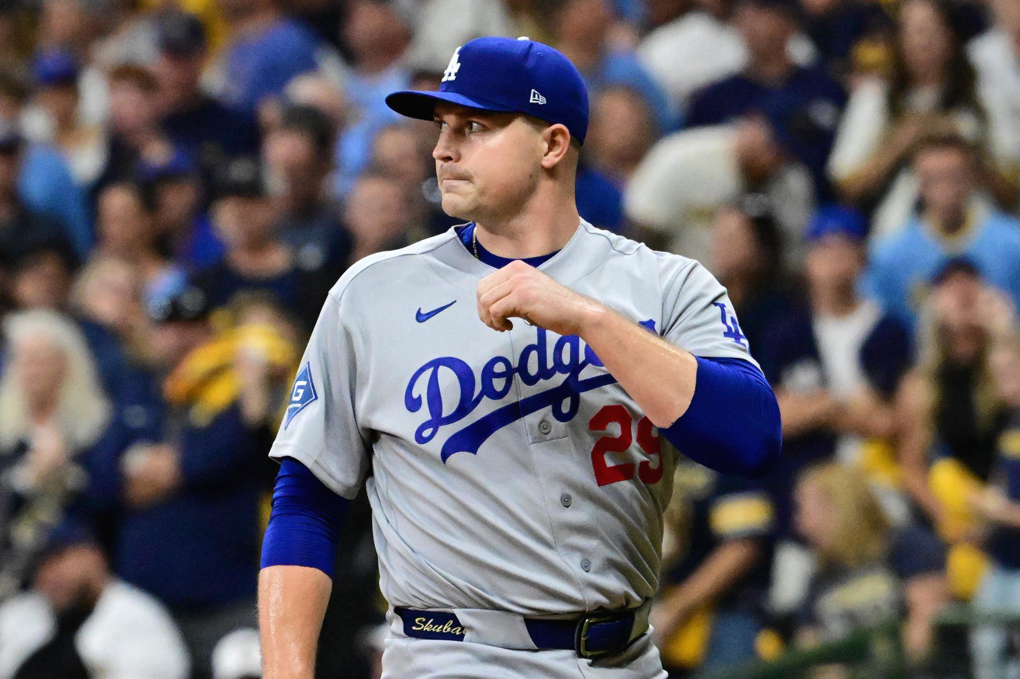 Los Angeles Dodgers pitcher Tarik Skubal reacts on the field.