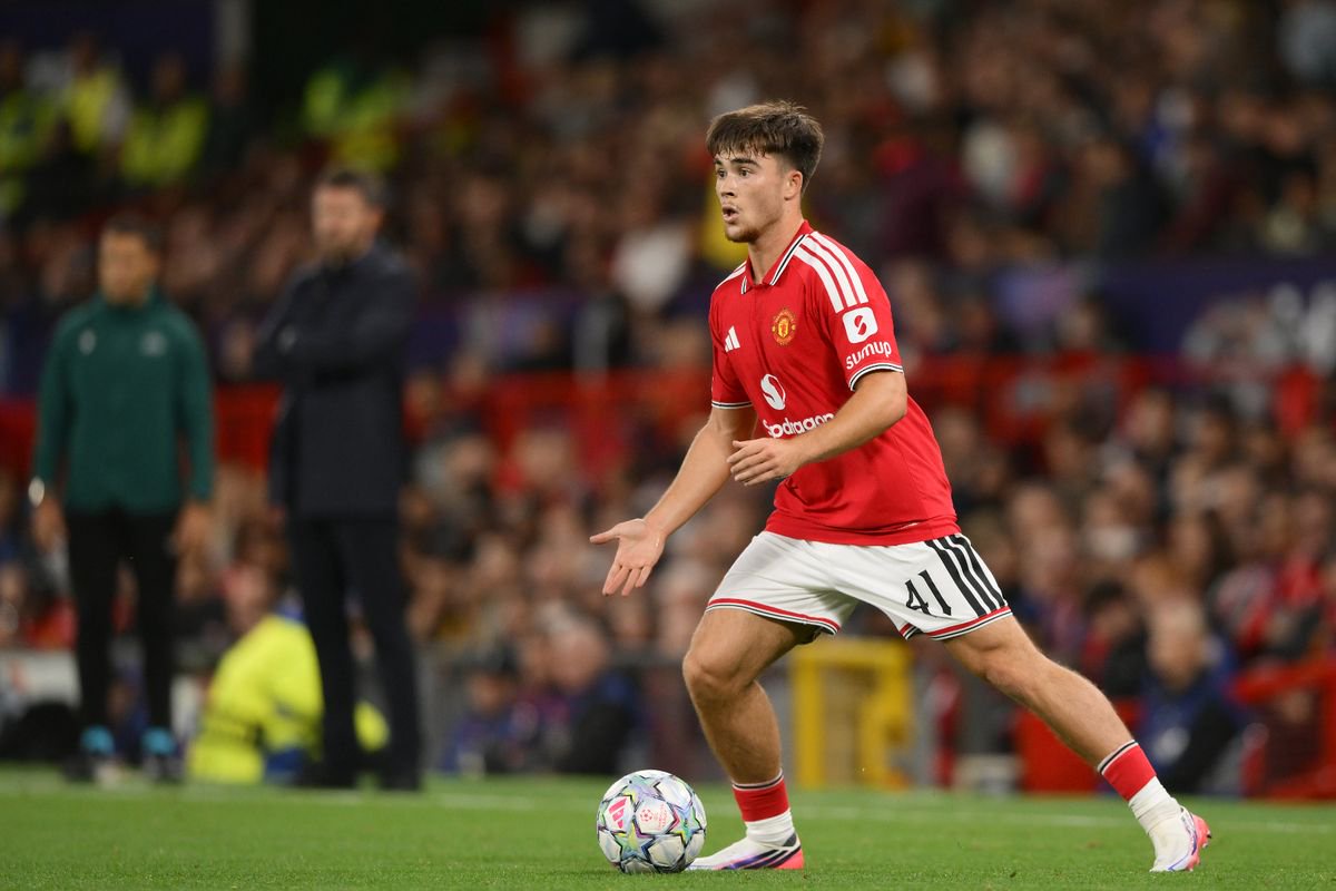 Harry Amass of Manchester United runs with the ball during the UEFA Champions League 2026/27 League Phase MD1 match between Manchester United and Sabah FC at Old Trafford on September 10, 2026 in Manchester, England