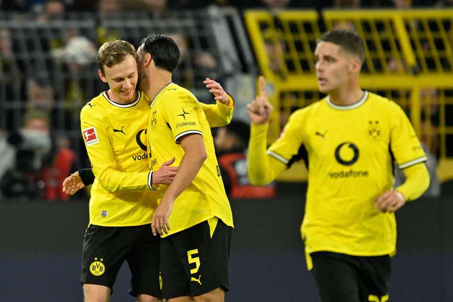 Dortmund's Maximilian Beier (left) celebrates scoring the winner