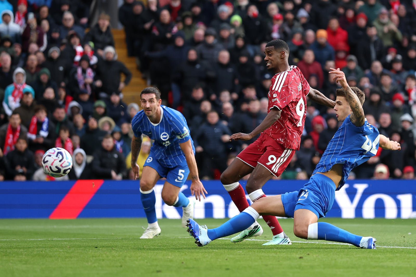 Alexander Isak scores Liverpool's second goal during the Premier League game against Brighton at Anfield. Photograph: Jan Kruger/Getty Images