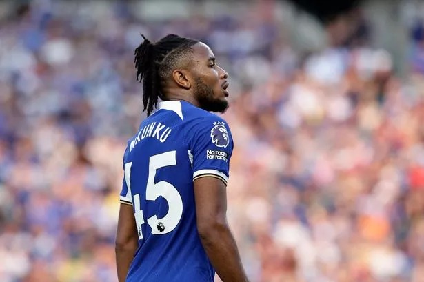 Christopher Nkunku #45 of Chelsea looks on during the first half of the pre season friendly match against the Brighton & Hove Albion at Lincoln Financial Field on July 22, 2023