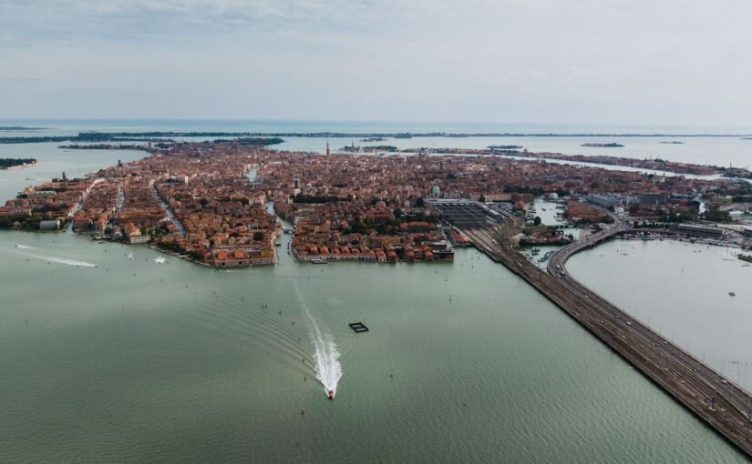 Aerial view of Venice and the Ponte della Libertà across the lagoon