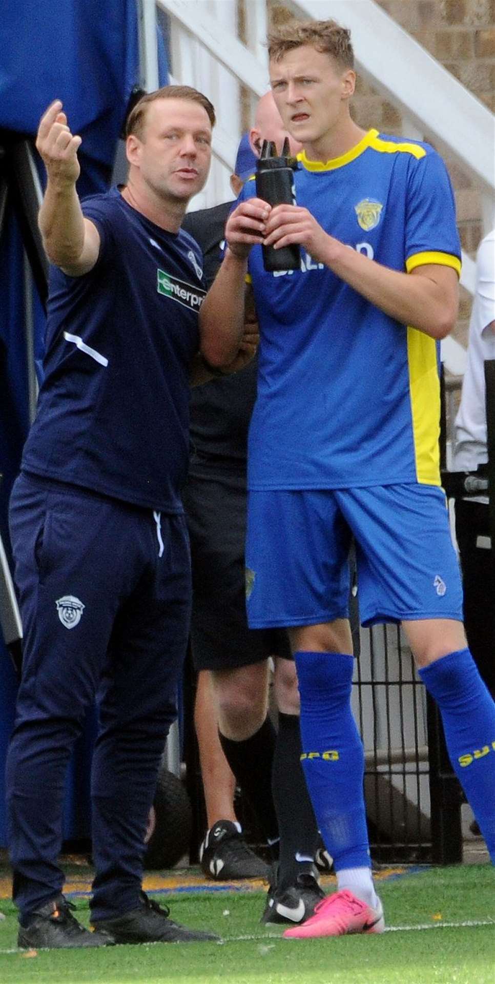 Jimmy Dean and Bart Cybulski who saw a second half penalty saved. Photo: Chris Lowndes