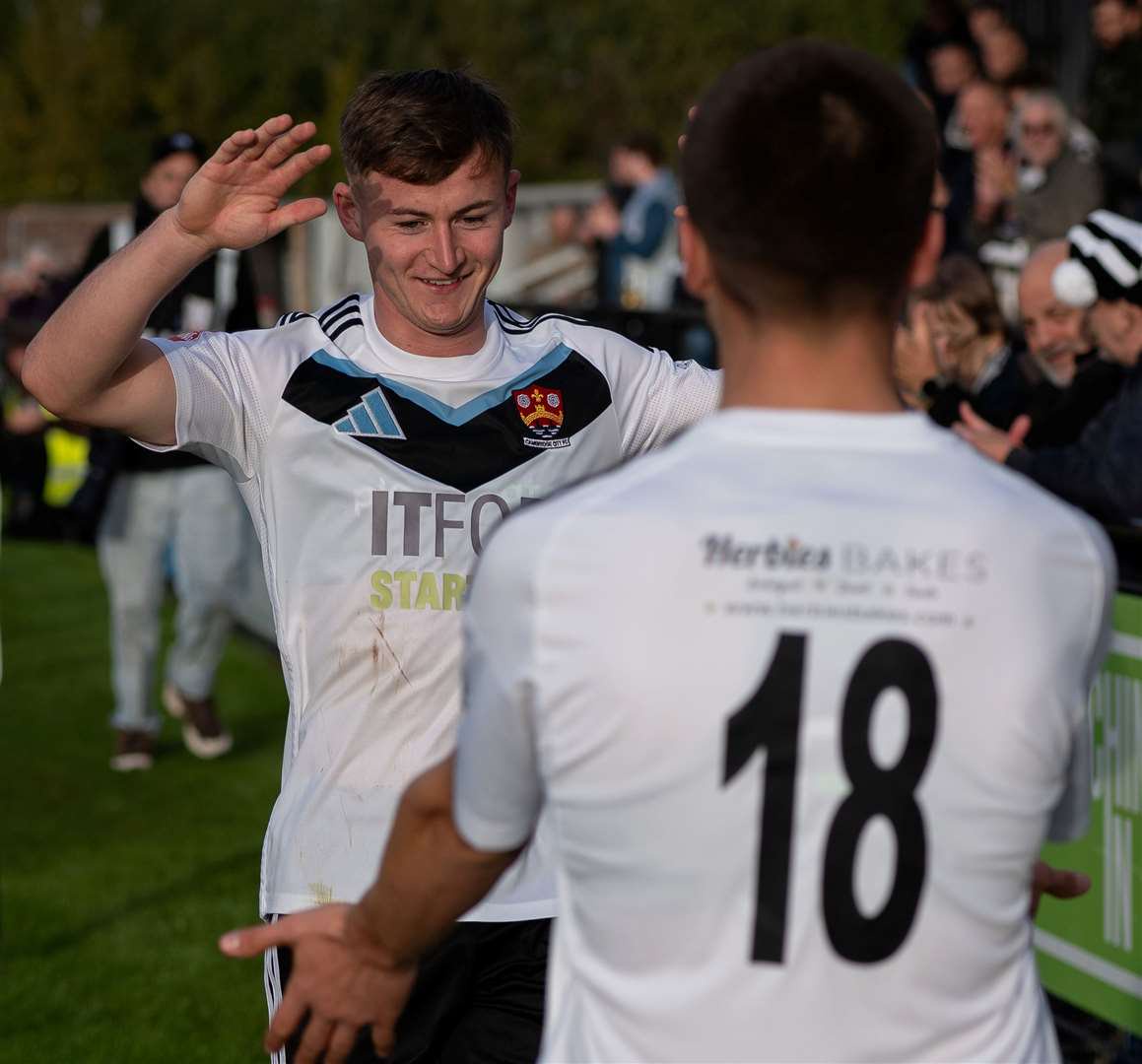 Cambridge City's hat-trick hero Freddie Hockey celebrates after scoring one of his goals. Picture: Iain Walker
