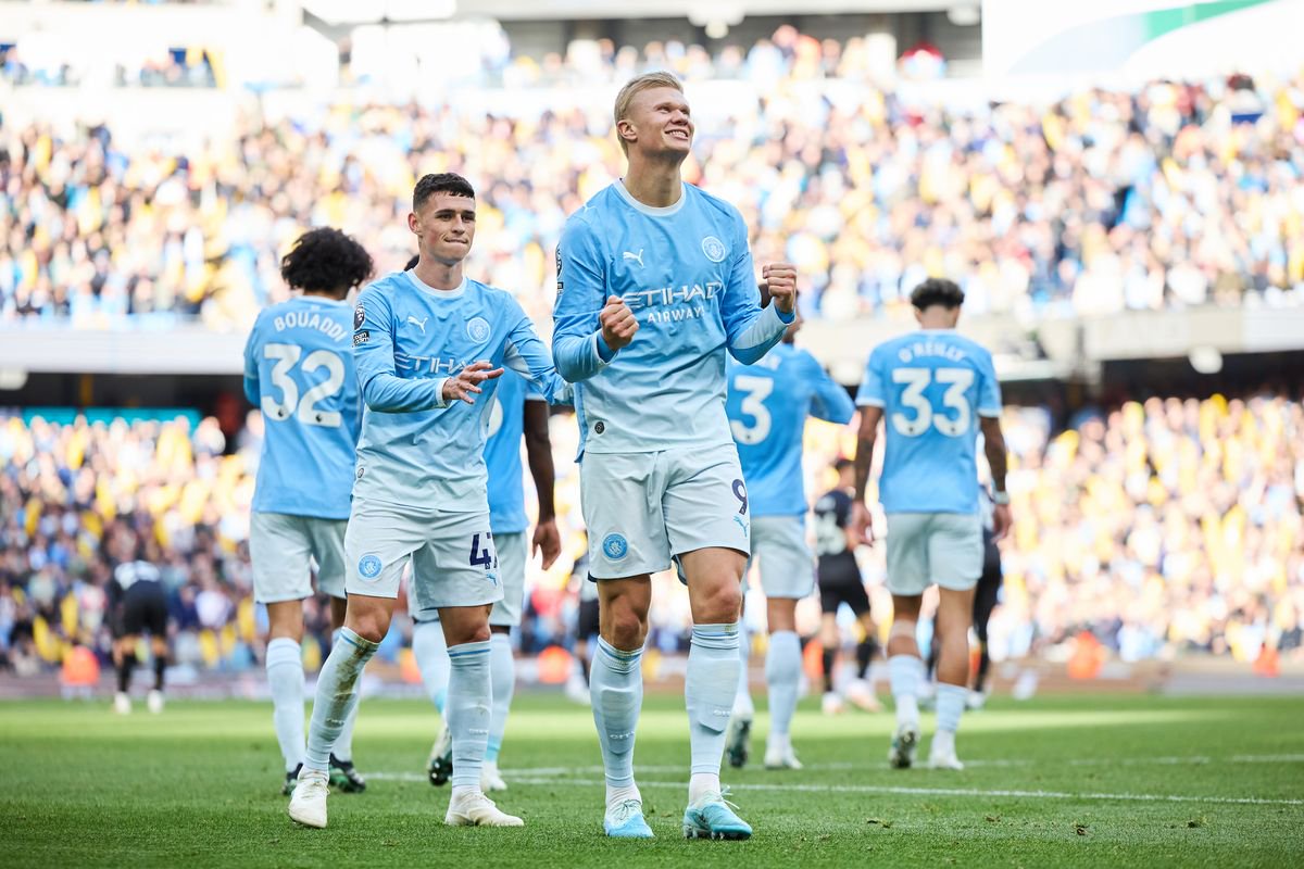 Erling Haaland of Manchester City celebrates his teams second goal during the Premier League 2026/27 match between Manchester City and Ipswich Town at Etihad Stadium