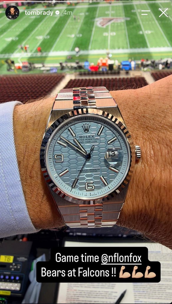 Tom Brady showing off his Rolex watch before commentating the Chicago Bears vs. Atlanta Falcons game. (Instagram/@tombrady).