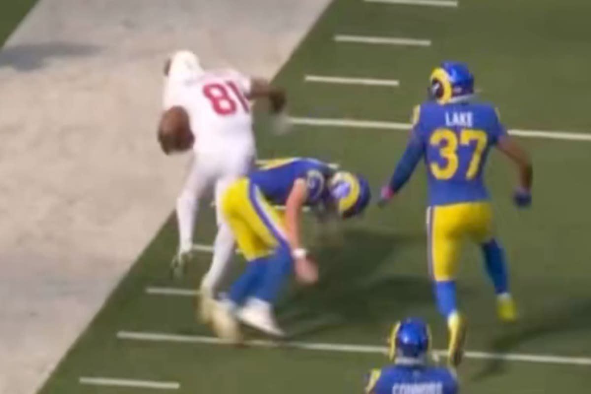 Blake Grupe was sent flying after attempting to tackle Devin Duvernay