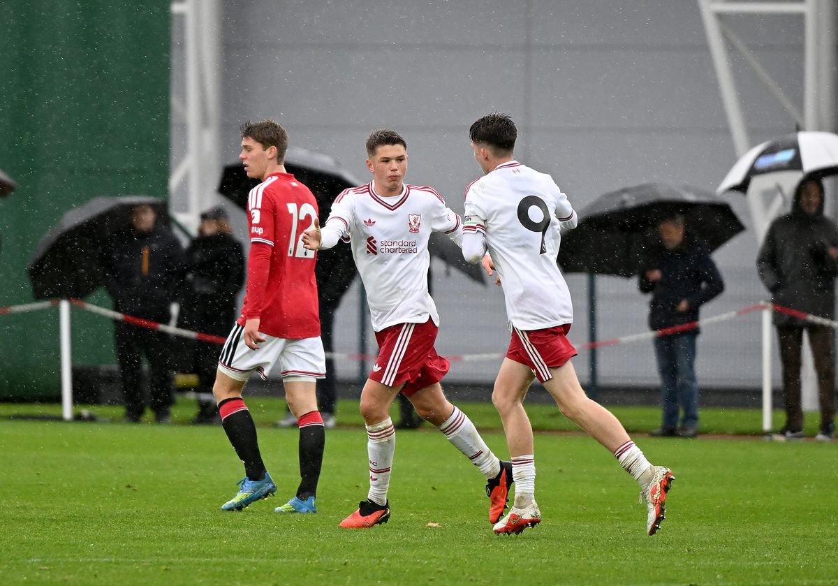 MANCHESTER, ENGLAND - OCTOBER 24: (THE SUN OUT, THE SUN ON SUNDAY OUT) Luca Eden of Liverpool celebrates scoring Liverpool's third goal with Finn Inglethorpe (9) during the U18 Premier League game at Carrington Training Ground on October 24, 2026 in Manchester, England. (Photo by Nick Taylor/Liverpool FC via Getty Images)