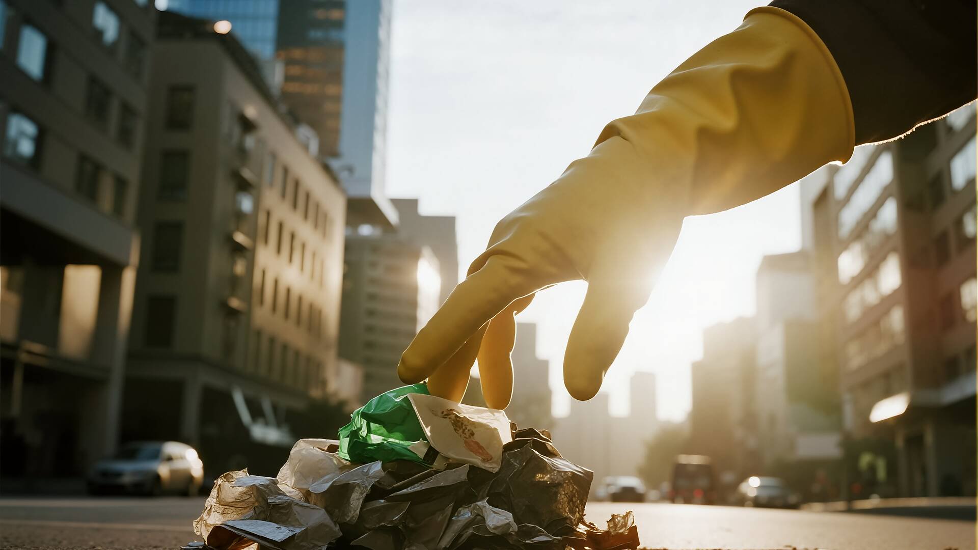 Gloved hand picking up street litter
