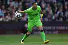 Emiliano Martinez of Aston Villa during the Premier League match between Aston Villa and AFC Bournemouth at Villa Park on April 21, 2024 in Birming...