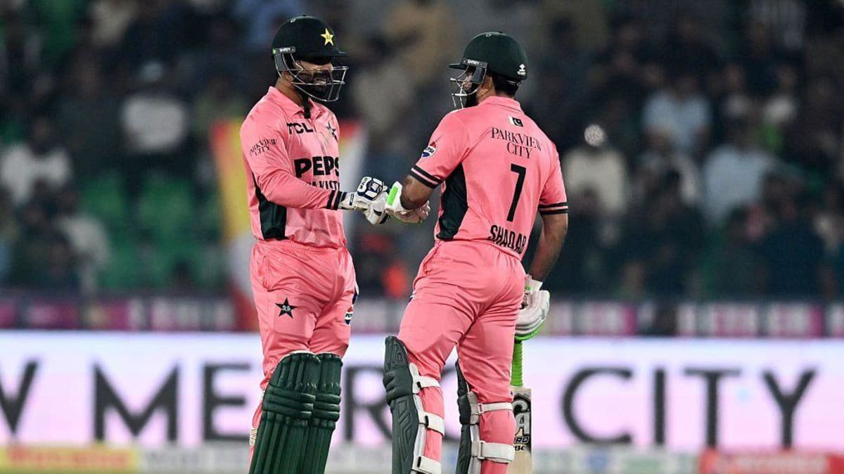 Shadab Khan celebrates as Pakistan beat England in an ODI tri-series