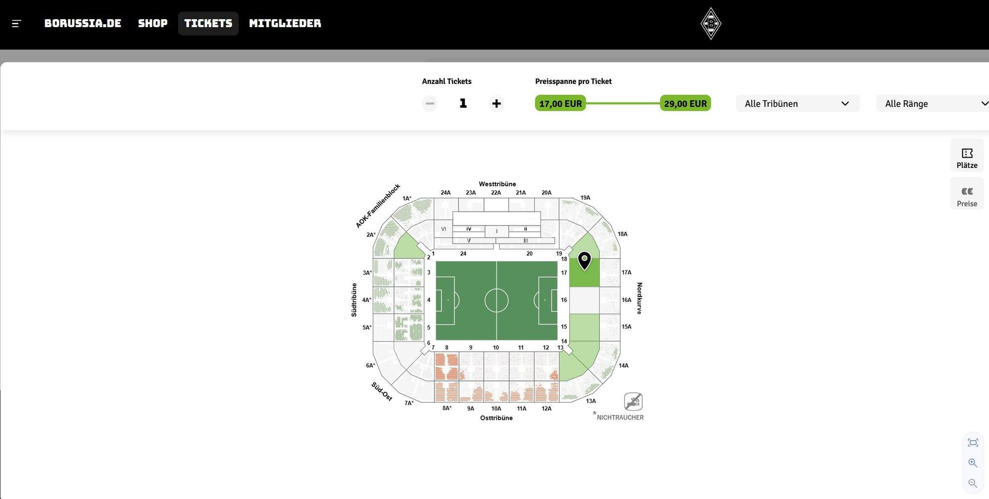 Ein Überblick aus dem Gladbach-Ticketshop über verfügbare Karten für das Pokalspiel gegen Karlsruhe.