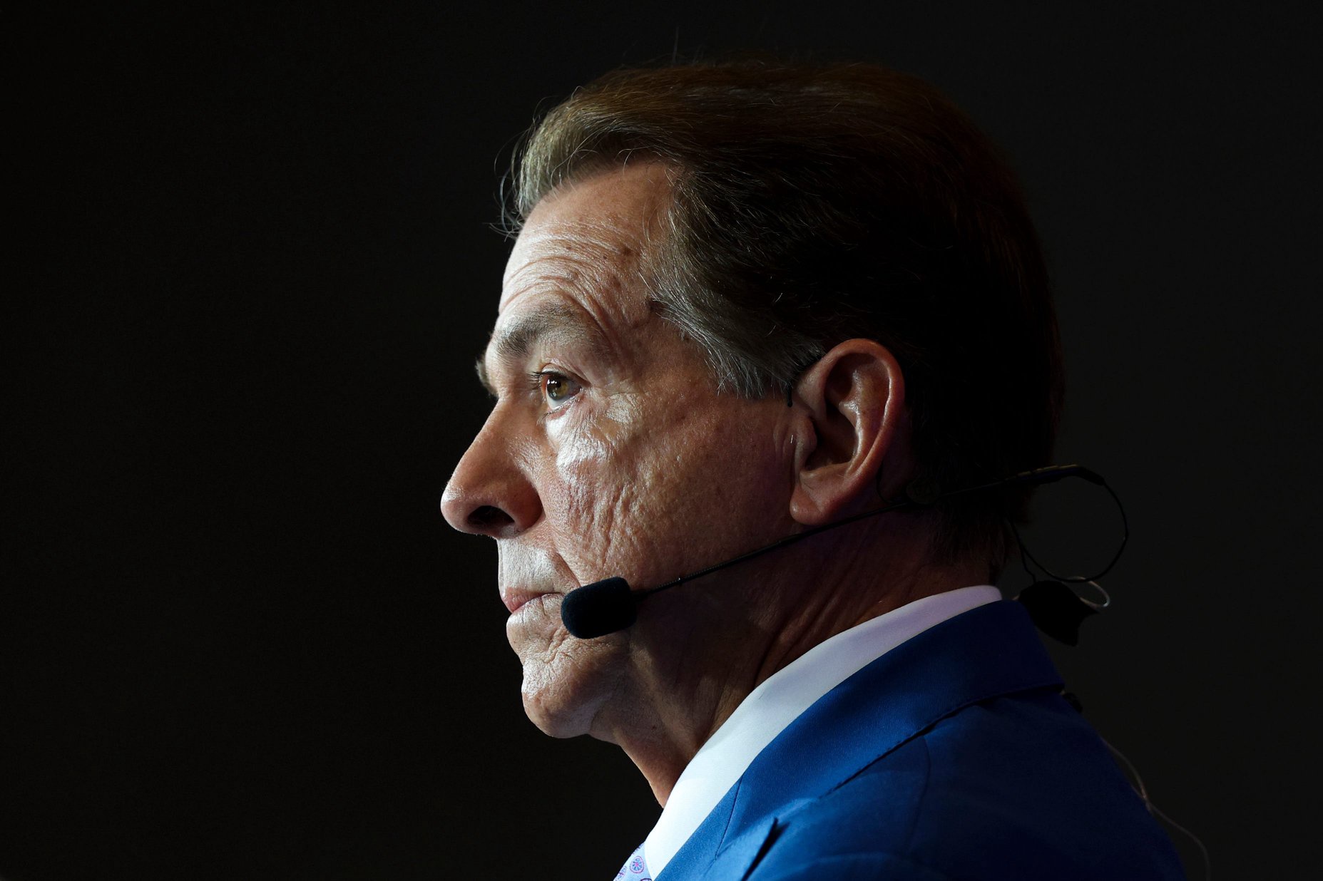 Jul 22, 2026; Tampa, FL, USA; former Alabama Crimson Tide coach and ESPN  analyst for College GameDay Nick Saban broadcast during SEC Football Kickoff Media Day at the Tampa Marriott. Mandatory Credit: Nathan Ray Seebeck-Imagn Images