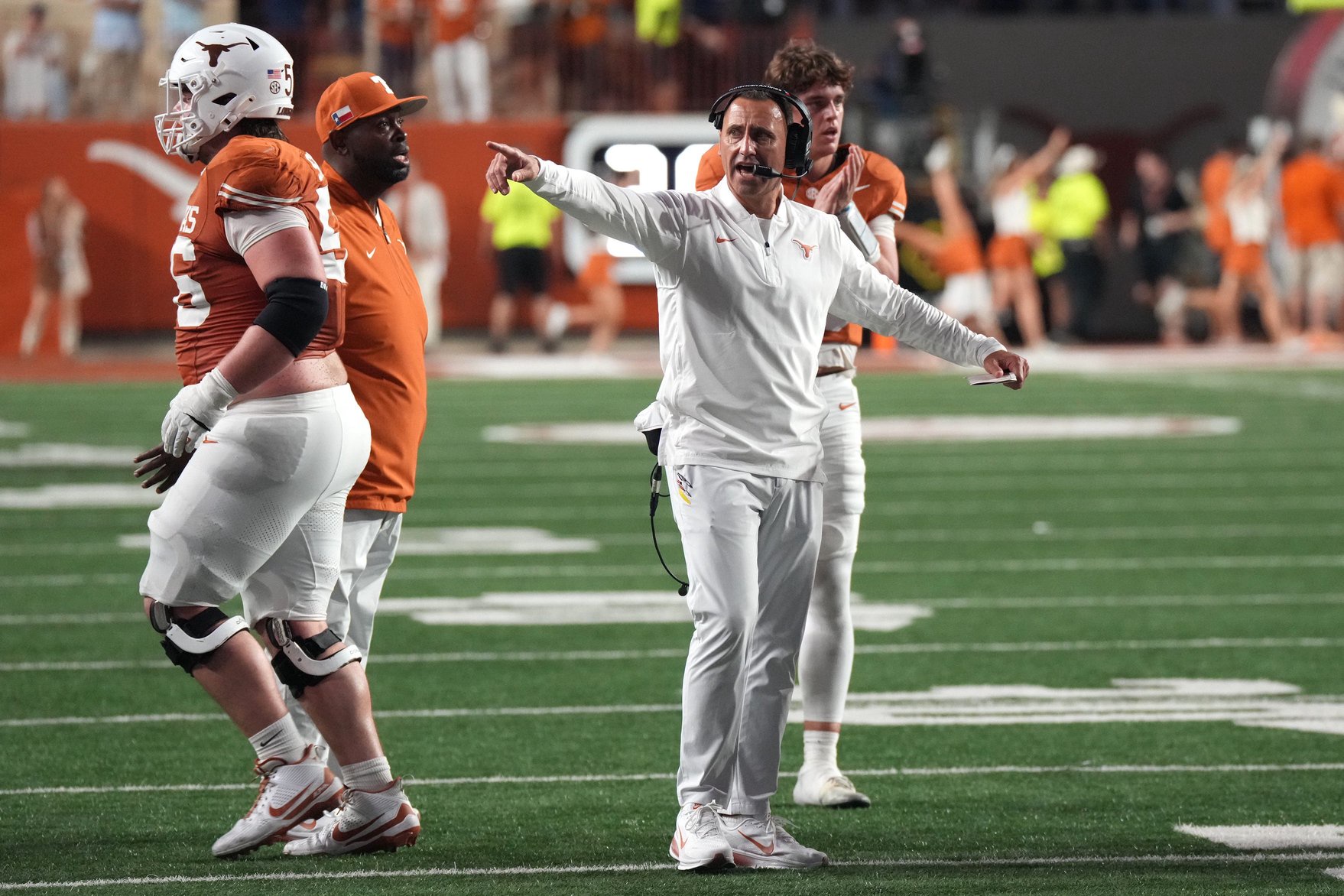 Texas football coach Steve Sarkisian reacts during the first half of his team's game against Mississippi at Darrell K Royal-Texas Memorial Stadium.