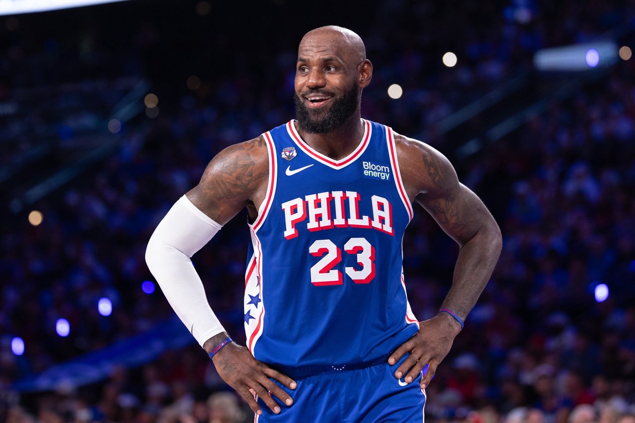 Oct 22, 2026; Philadelphia, Pennsylvania, USA; Philadelphia 76ers forward LeBron James (23) reacts after a play against the Cleveland Cavaliers during the third quarter at Xfinity Mobile Arena. Mandatory Credit: Bill Streicher-Imagn Images