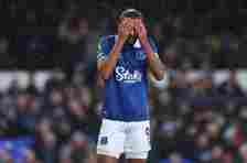 Dominic Calvert-Lewin of Everton looks dejected during the Premier League match between Everton FC and West Ham United at Goodison Park on March 02...