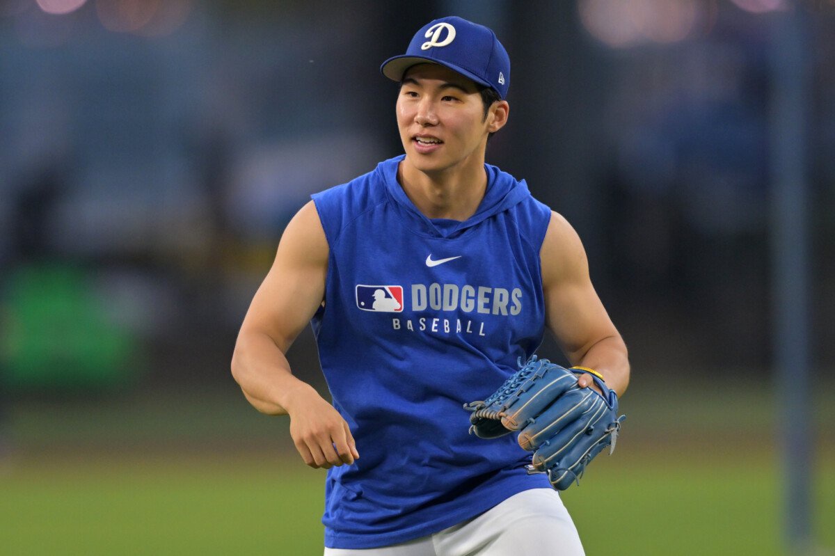 Oct 26, 2025; Los Angeles, CA, USA; Los Angeles Dodgers second baseman Hyeseong Kim (6) takes ground balls during World Series workouts prior to game three against the Toronto Blue Jays at Dodger Stadium. Mandatory Credit: Jayne Kamin-Oncea-Imagn Images