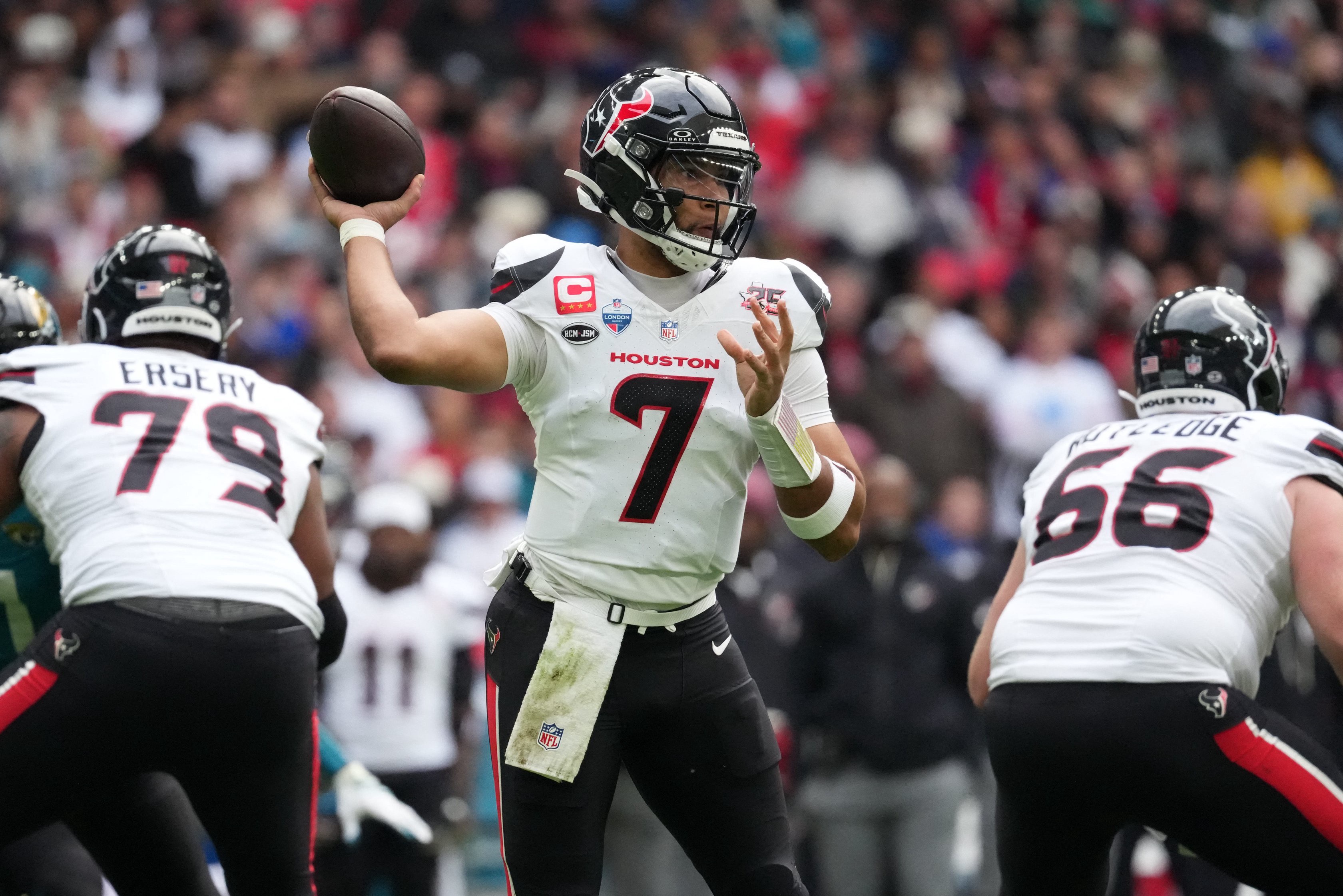 Oct 18, 2026; London, ENG;  Houston Texans quarterback C.J. Stroud (7) throws the ball during the first half against the Jacksonville Jaguars at Wembley Stadium.  Mandatory Credit: Kirby Lee-Imagn Images