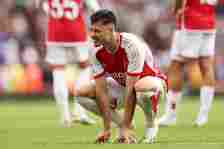 Gabriel Martinelli of Arsenal looks dejected following the Premier League match between Arsenal FC and Fulham FC at Emirates Stadium on August 26, ...