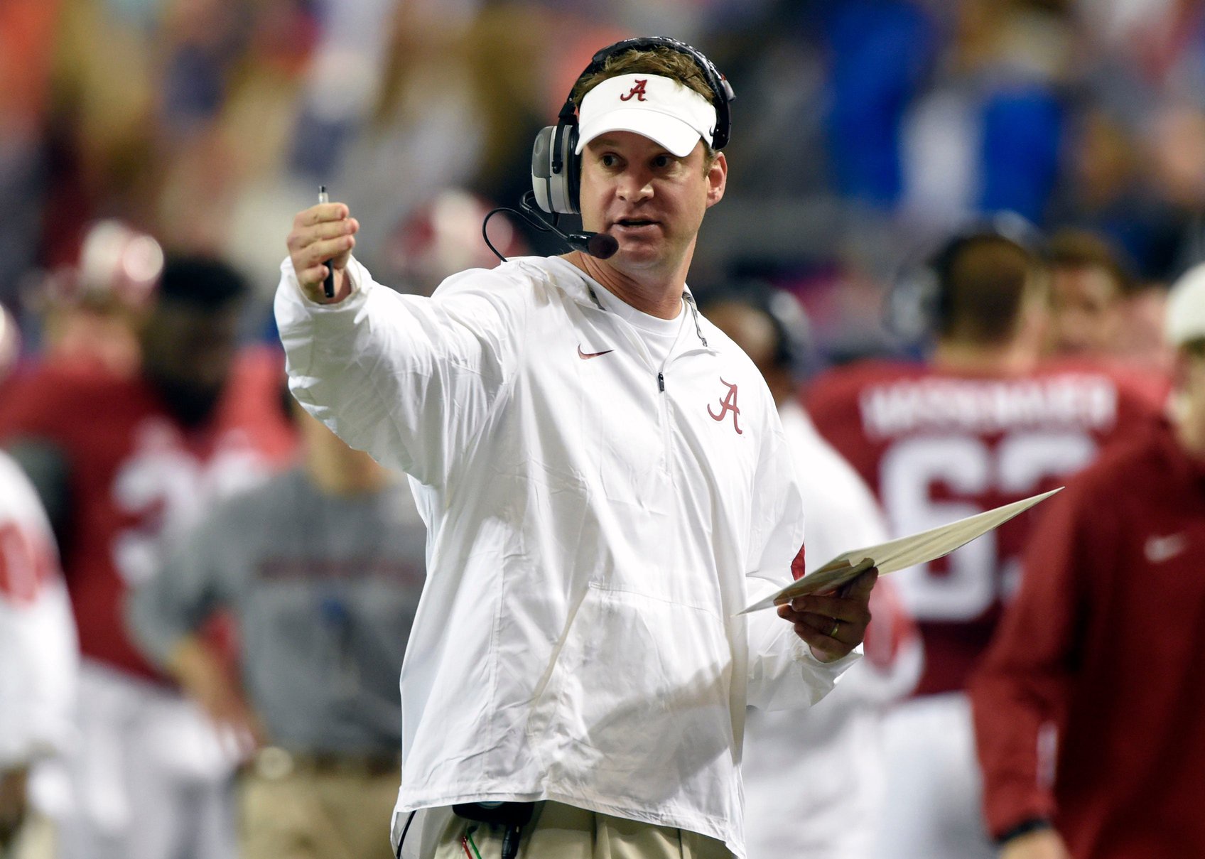 Dec 5, 2015; Atlanta, GA, USA; Alabama Crimson Tide offensive coordinator Lane Kiffin during the first quarter of the 2015 SEC Championship Game against the Florida Gators at the Georgia Dome. Mandatory Credit: John David Mercer-USA TODAY Sports