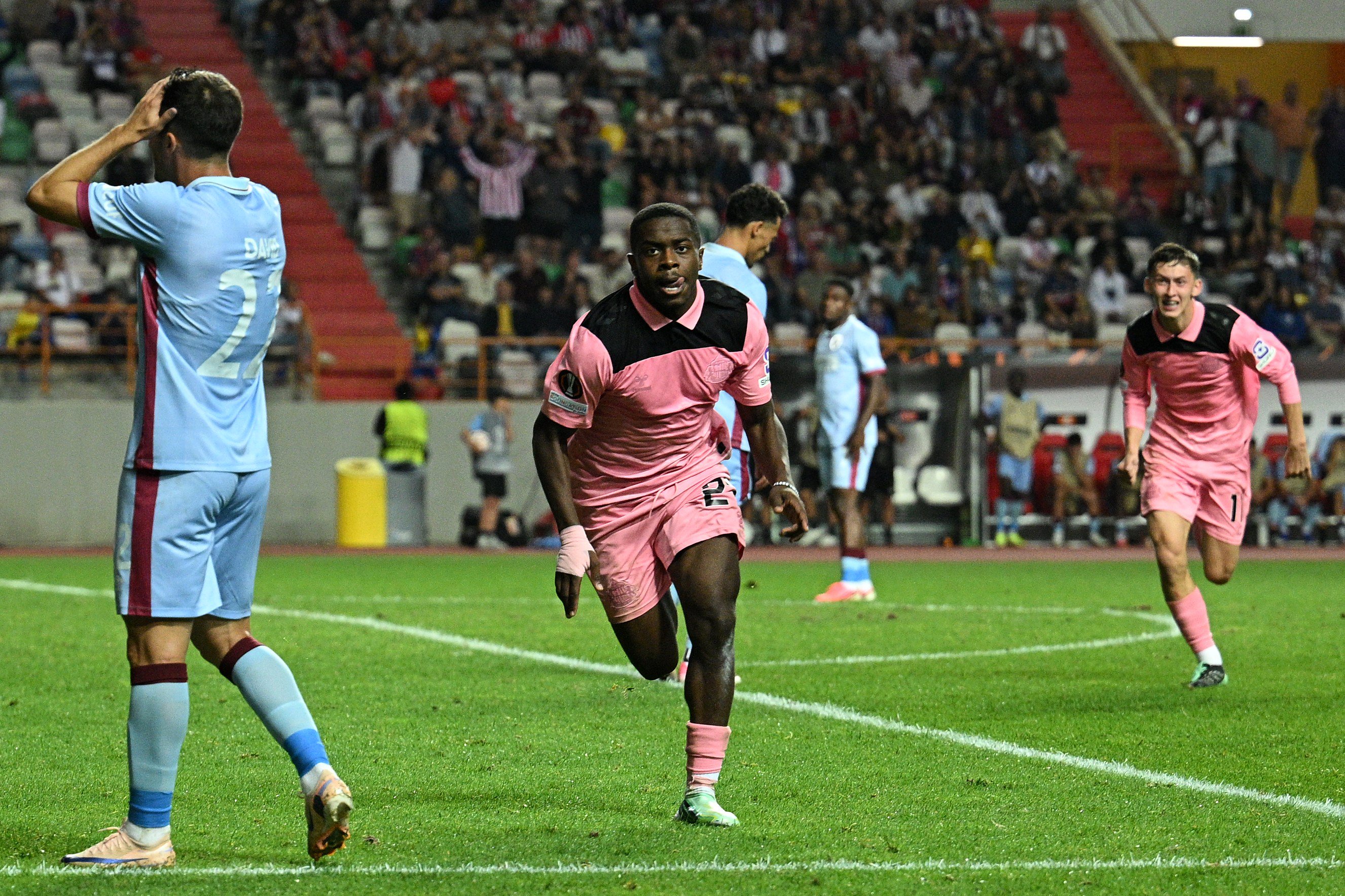 Noah Sadiki celebrates scoring for Sunderland against Torreense in the Europa League.