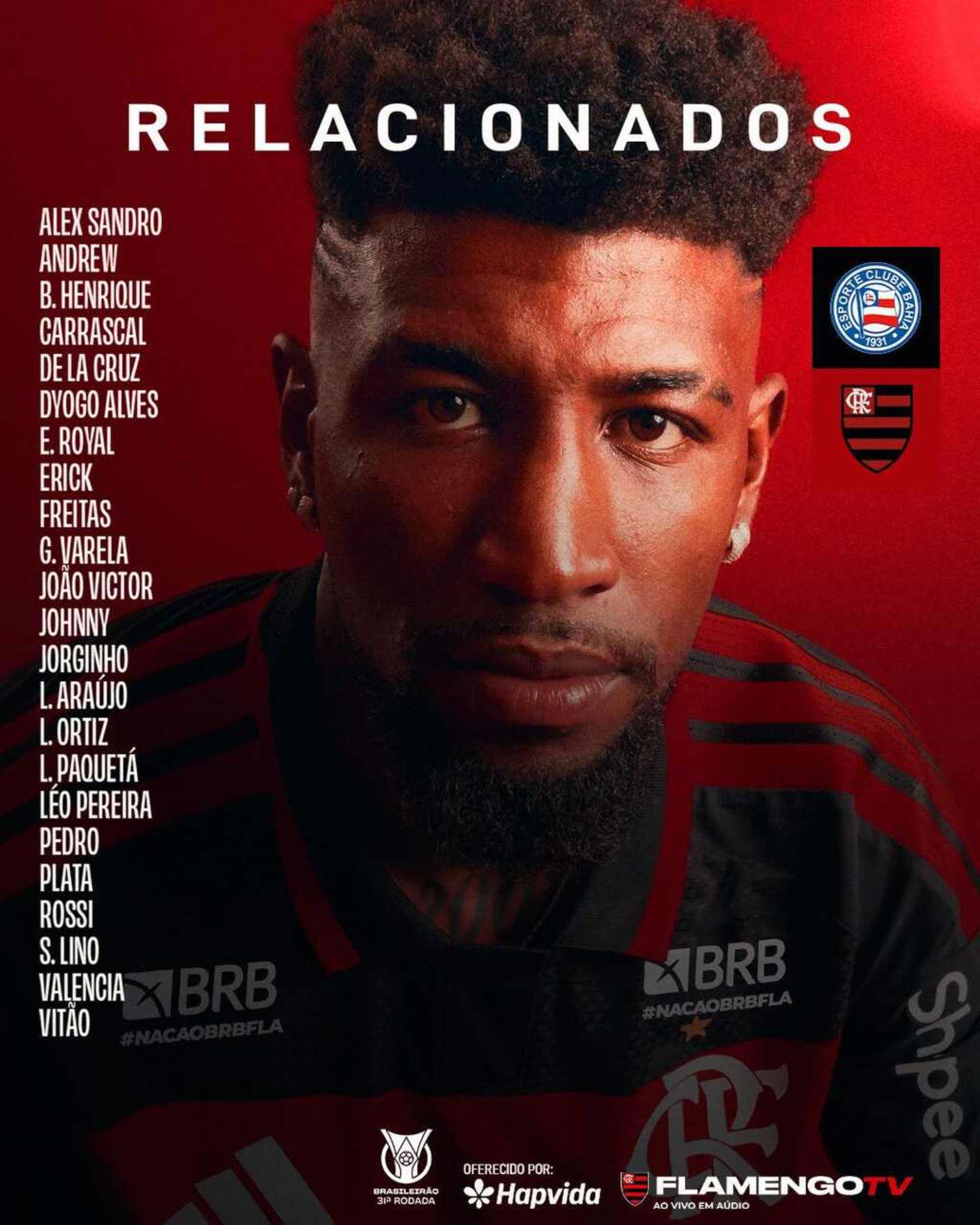 Os relacionados do Flamengo para jogo com o Bahia –