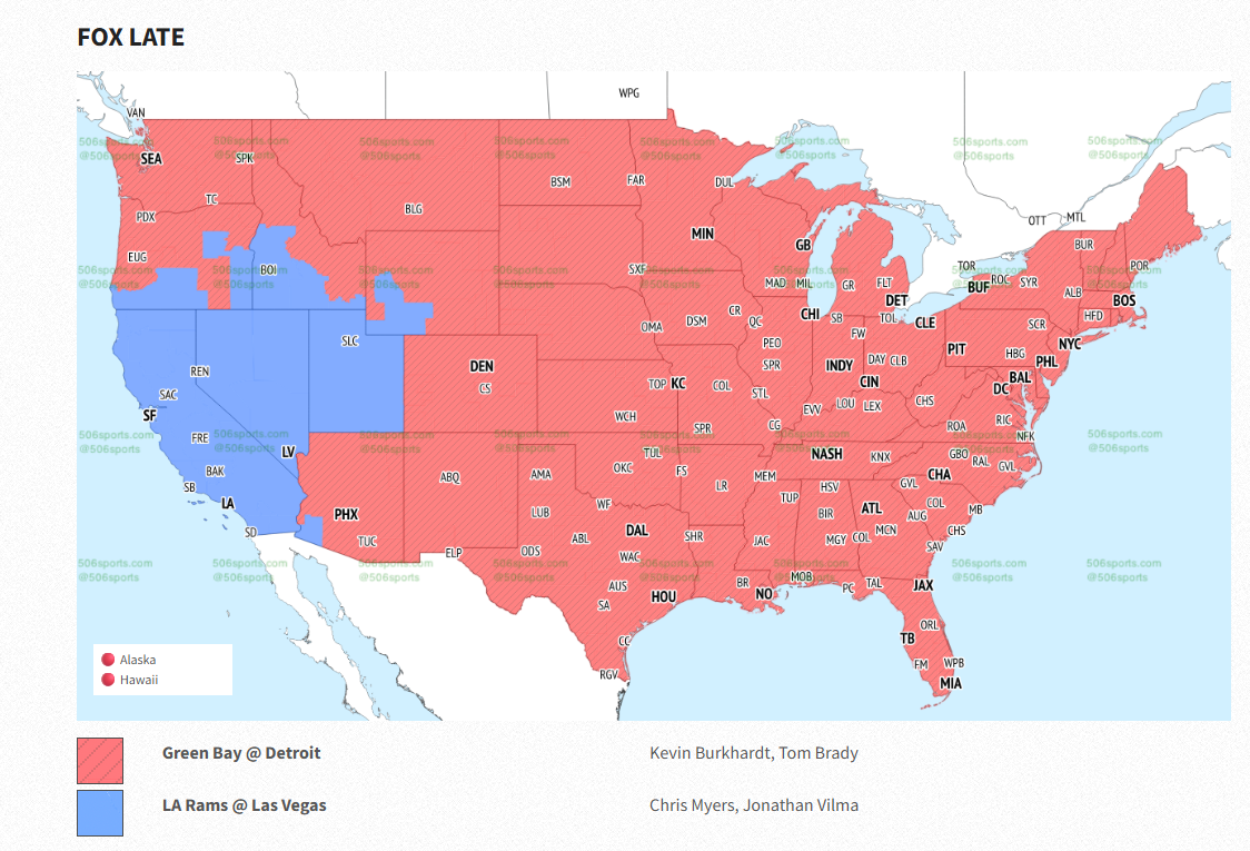 Packers-Lions TV broadcast map 506sports.com