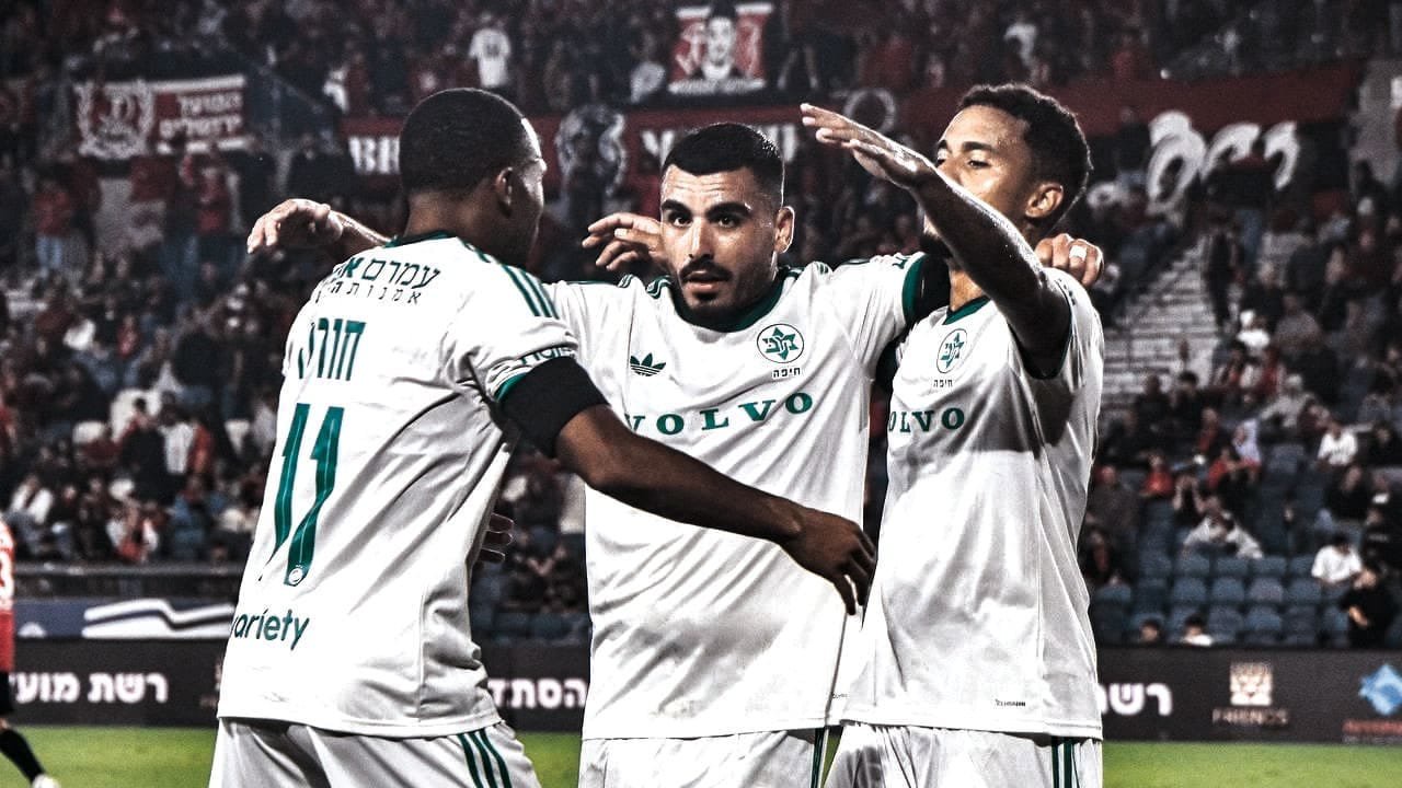 Maccabi Haifa players celebrate during a recent victory as Barak Bachar’s Greens continue their resurgence, climbing to second place in the Israeli Premier League and emerging as serious contenders in the championship race.