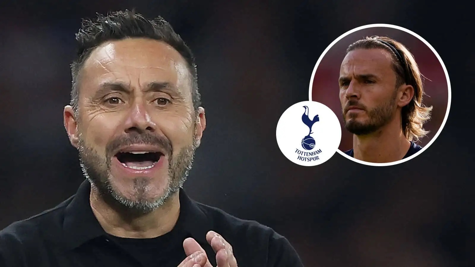 Tottenham Hotspur manager Roberto De Zerbi, Tottenham Hotspur badge and James Maddison - copyright TEAMtalk