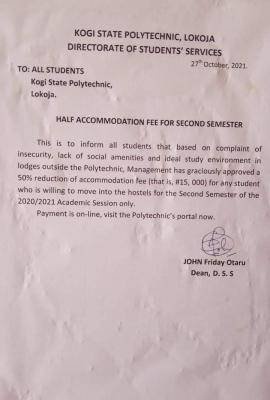 Kogi Poly approves 50% reduction on accommodation fee for 2nd semester, 2020/2201