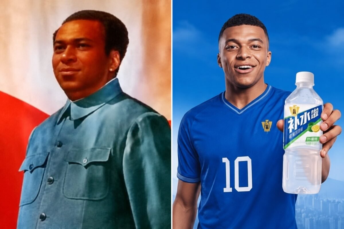 Montagem dividida mostra Mbappé em meme inspirado em Mao Tsé-Tung, à esquerda, e em propaganda da Dongpeng segurando uma garrafa, à direita