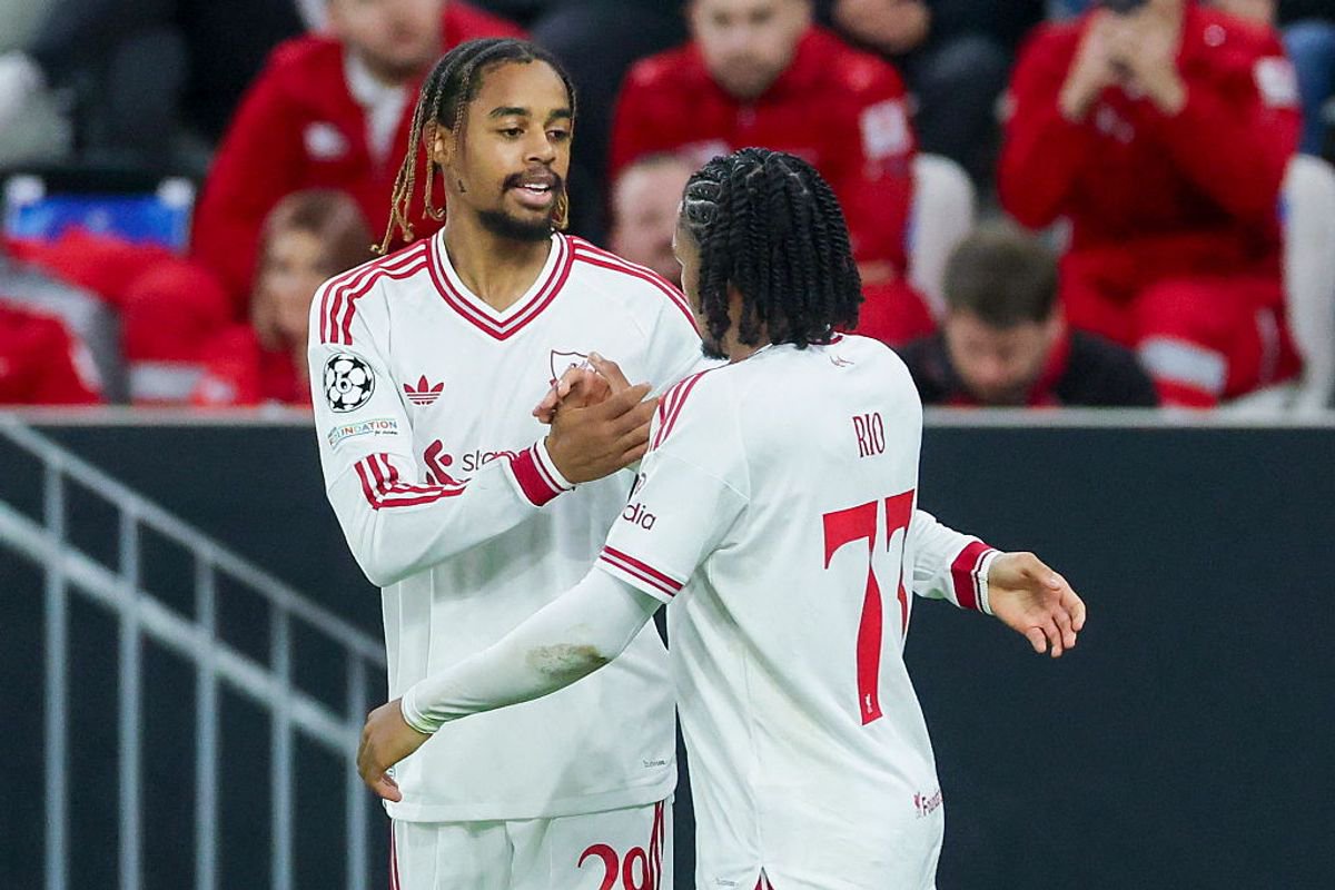 Linz, Austria - October 14: Bradley Barcola of Liverpool FC celebrates after scoring his teams second goal wtih Rio Ngumoha of Liverpool FC during the UEFA Champions League 2026/2027 match between LASK and Liverpool at Oberösterreich Arena on October 14, 2026 in Linz, Austria. (Photo by Marco Steinbrenner/DeFodi Images/DeFodi via Getty Images)
