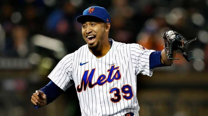 New York Mets relief pitcher Edwin Diaz (39) reacts after...