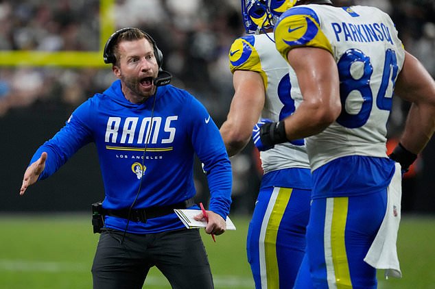 Los Angeles Rams head coach Sean McVay reacts after a play against the Las Vegas Raiders during the second half of an NFL football game Sunday, Oct. 25, 2026, in Las Vegas. (AP Photo/John Locher)