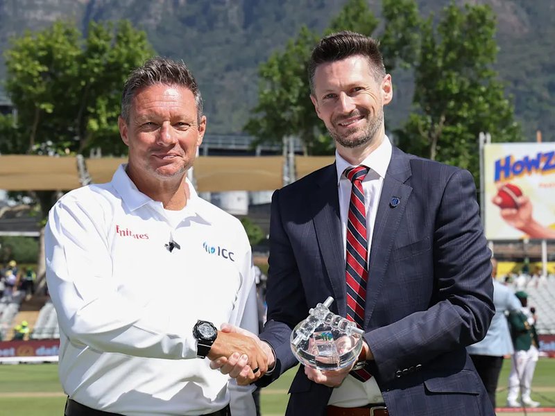 International Cricket Council (ICC) congratulates Richard Kettleborough on completing a century of Tests during the third Test between South Africa and Australia in Cape Town on Tuesday. Photo credit: ICC