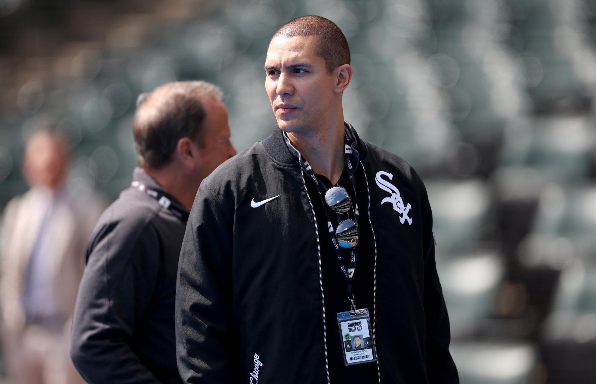 Chicago White Sox television play-by-play man John Schriffen walks on the field ahead of the opening-day game against the Detroit Tigers on March 28, 2024, at Guaranteed Rate Field in Chicago. 