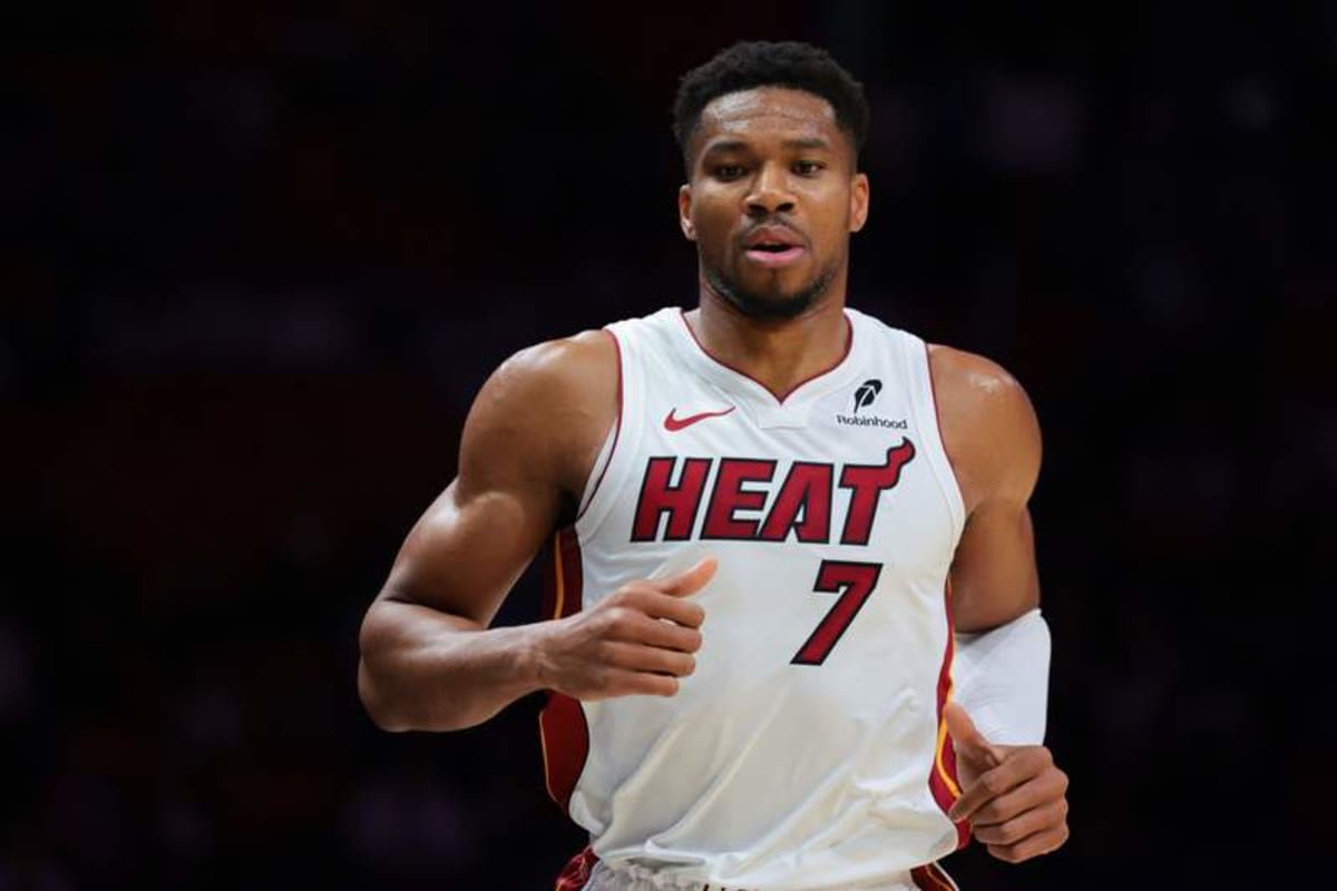 Oct 26, 2026; Miami, Florida, USA; Miami Heat forward Giannis Antetokounmpo (7) looks on against the Dallas Mavericks during the first quarter at Kaseya Center. © Sam Navarro-Imagn Images