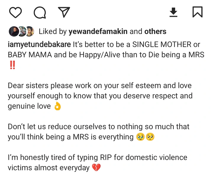 "Better To Be Single Mother Or Baby Mama And Be Happy Than Die Being Mrs" Actress Yetunde Bakare