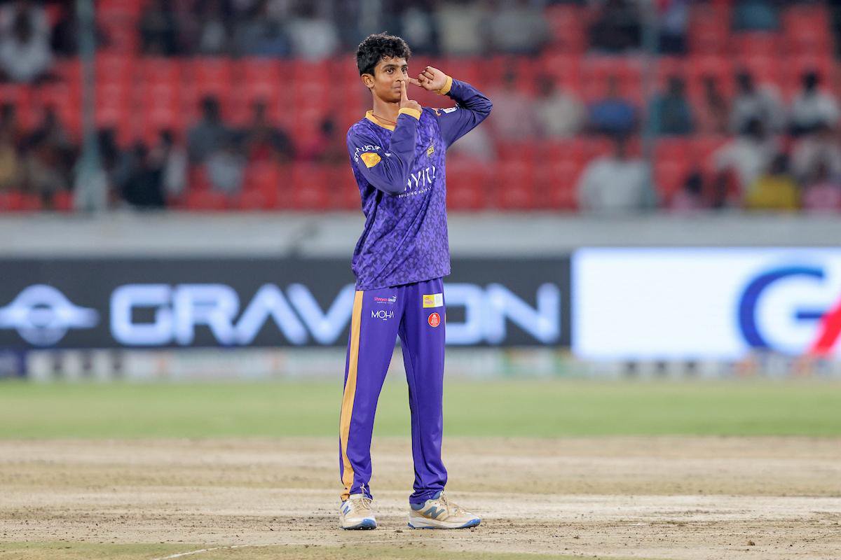 Khammam Aces’ Ved Reddy brings out the Michael Olise after getting a wicket in the inaugural TG20 season.