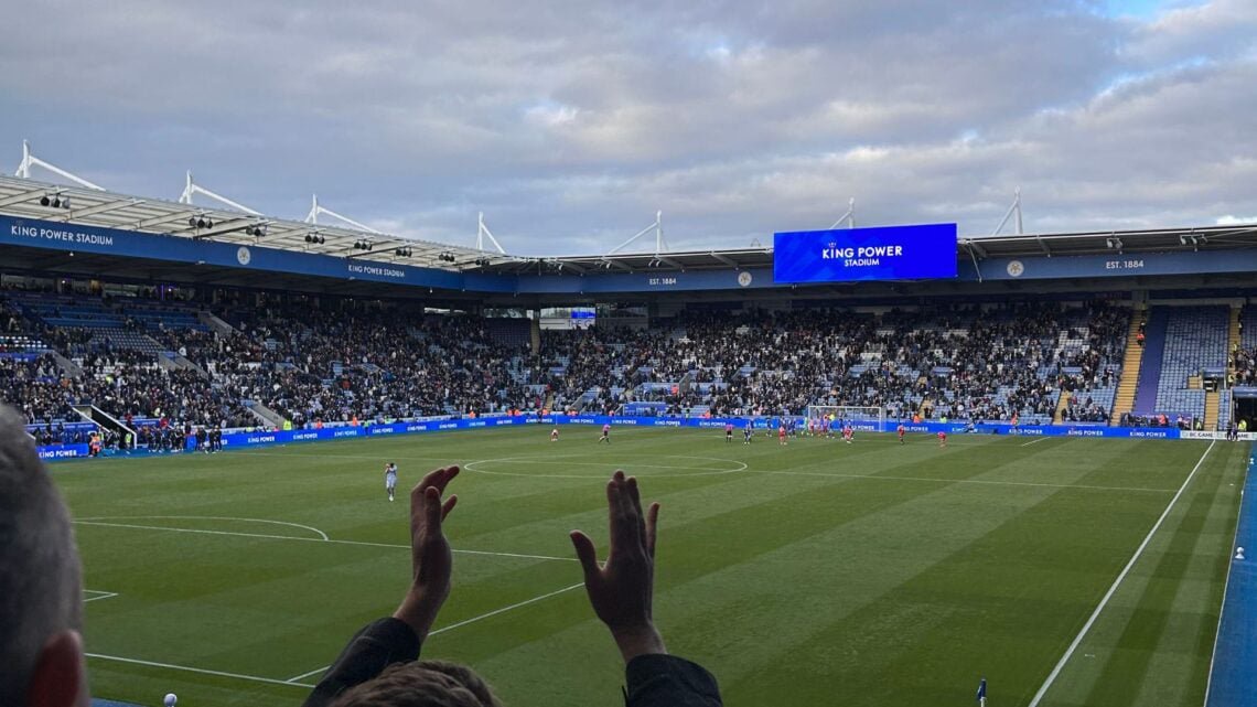 A picture of Leicester City fans celebrating the win against Doncaster Rovers