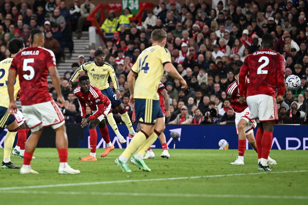 Noni Madueke of Arsenal scores during the Premier League 2026/27 match between Nottingham Forest FC and Arsenal FC at City Ground 