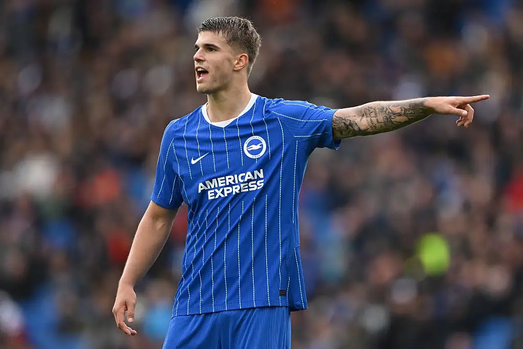 Luka Vuskovic of Brighton and Hove Albion gestures during the Premier League 2026/27 match between Brighton & Hove Albion and Crystal Palace FC at American Express Stadium on October 18, 2026 in Brighton, England