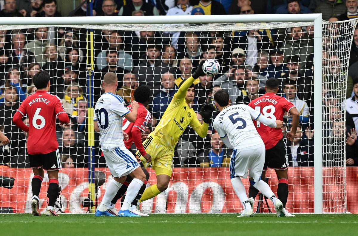 Senne Lammens goalkeeper of Manchester United saves from Nico Elvedi of Leeds United