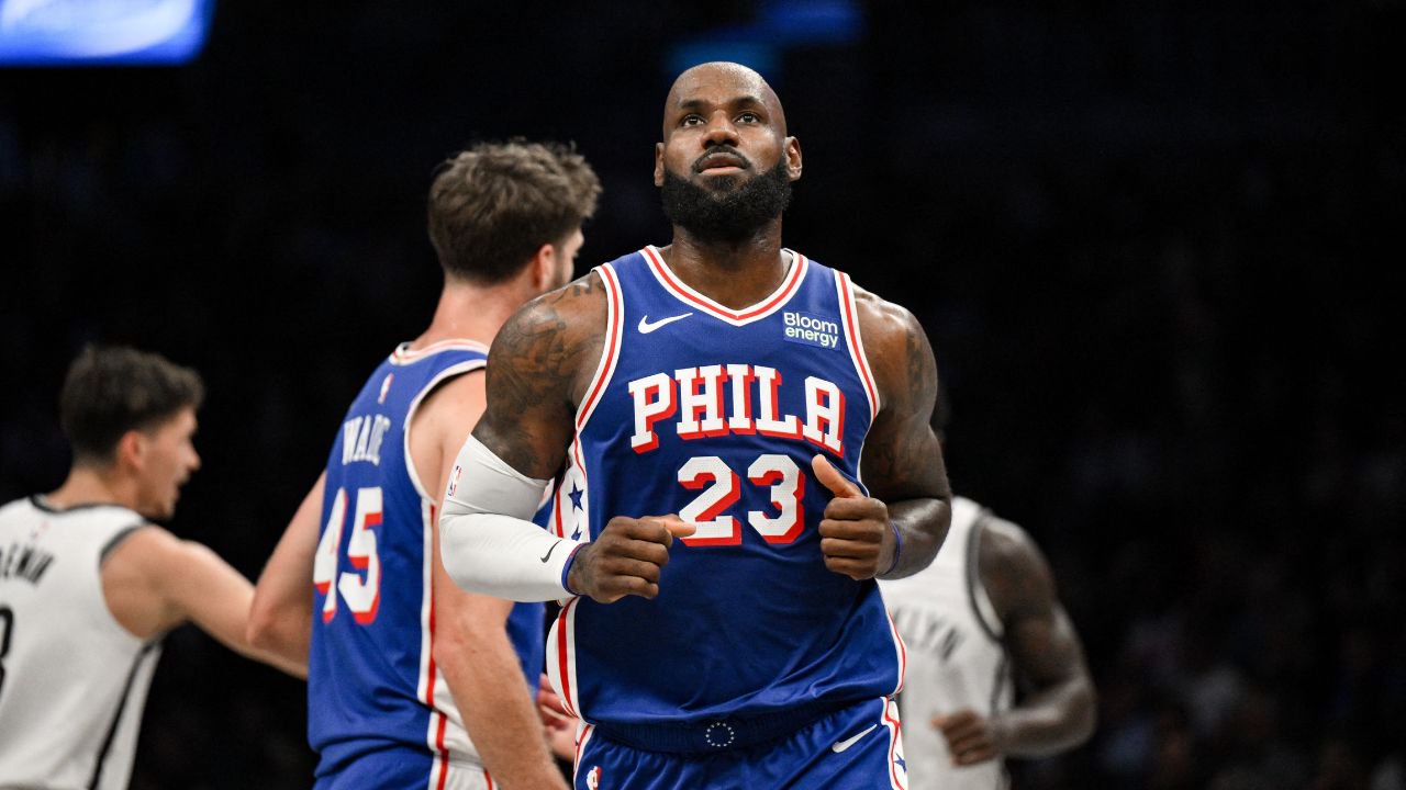 Oct 8, 2026; Brooklyn, New York, USA; Philadelphia 76ers forward Lebron James (23) during the first half against the Brooklyn Nets at Barclays Center. Mandatory Credit: John Jones-Imagn Images