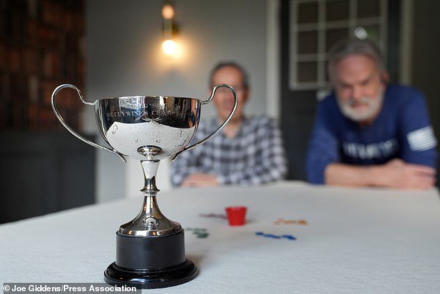 The trophy on display during the 2026 World Singles Tiddlywinks Championship
