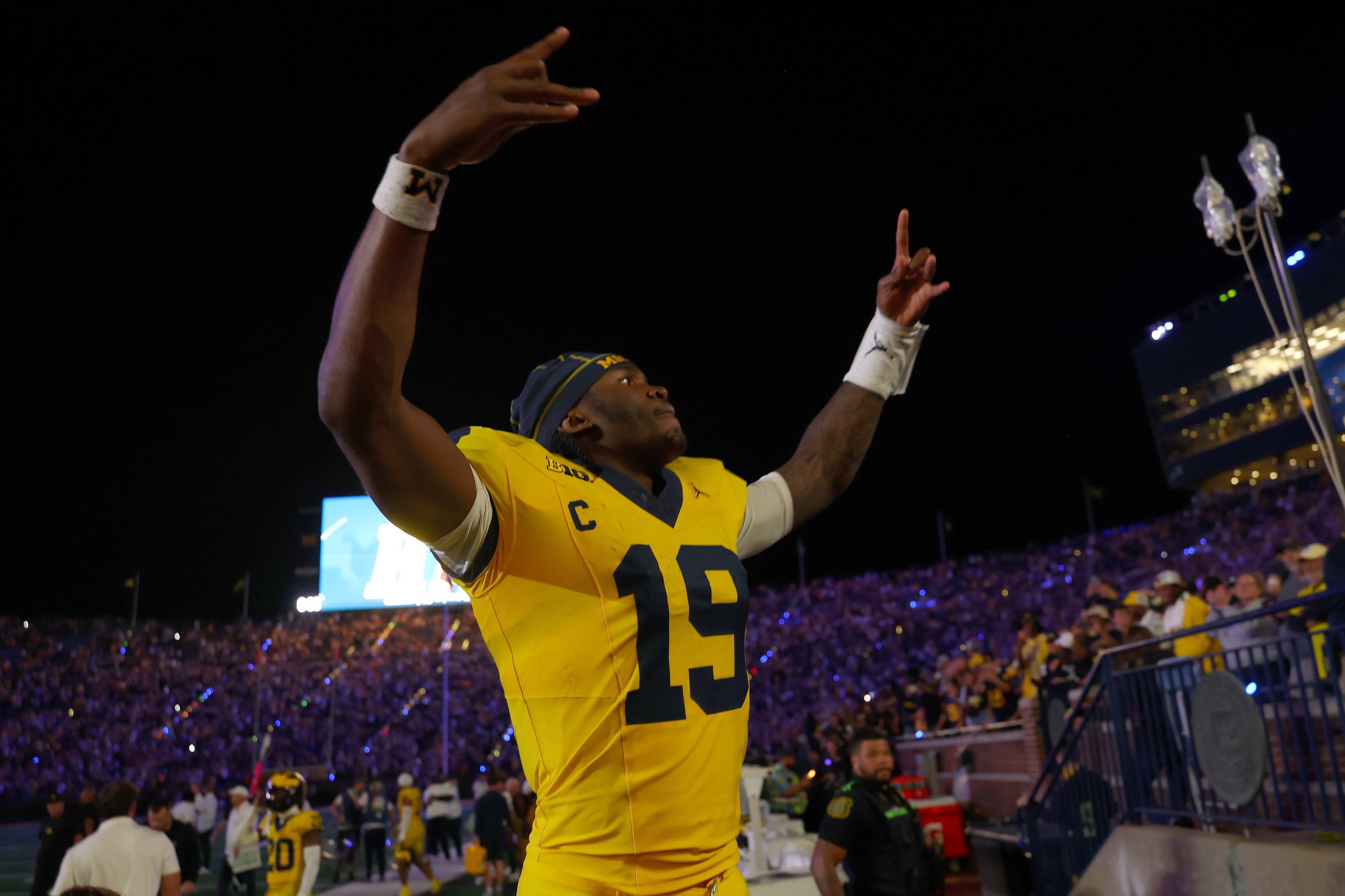 Bryce Underwood #19 of the Michigan Wolverines celebrates after a 13-12 win over the Western Michigan Broncos at Michigan Stadium on September 05, 2026 in Ann Arbor, Michigan. 