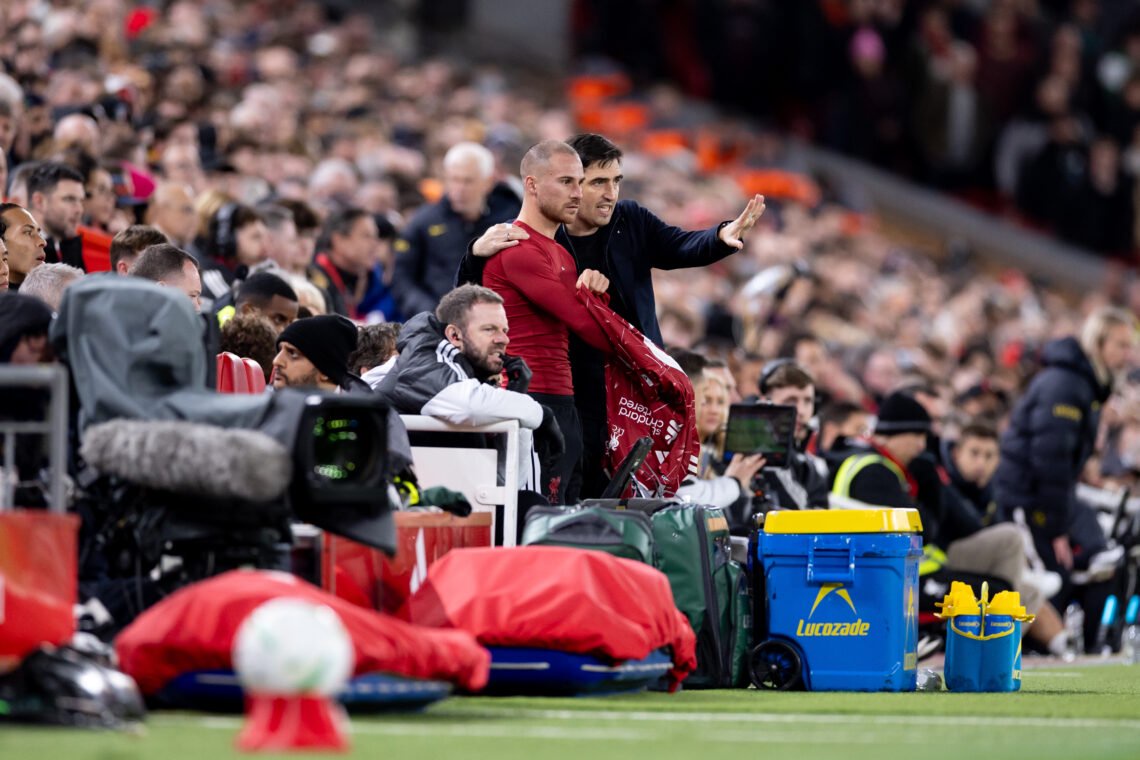 Andoni Iraola gives instructions to Alexis Mac Allister as he prepares to come on as a substitute during Liverpool's Carabao Cup fourth round match against Chelsea at Anfield